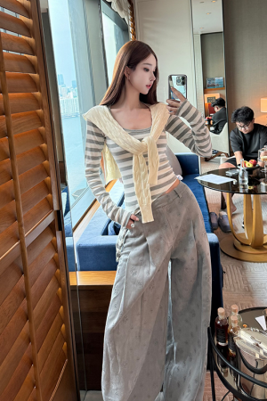 Women's 2025 Spring Summer Wide-Leg Casual Pants - Loose Fit Knitted Striped Design for Relaxation