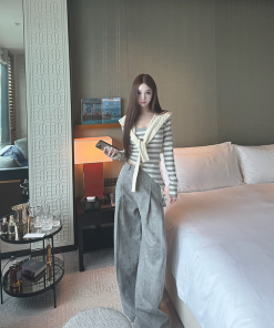 Women's 2025 Spring Summer Wide-Leg Casual Pants - Loose Fit Knitted Striped Design for Relaxation