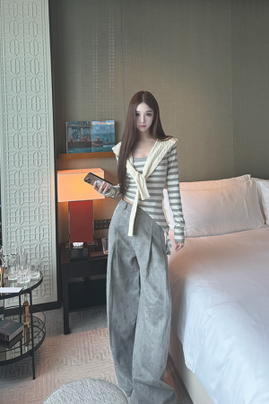 Women's 2025 Spring Summer Wide-Leg Casual Pants - Loose Fit Knitted Striped Design for Relaxation