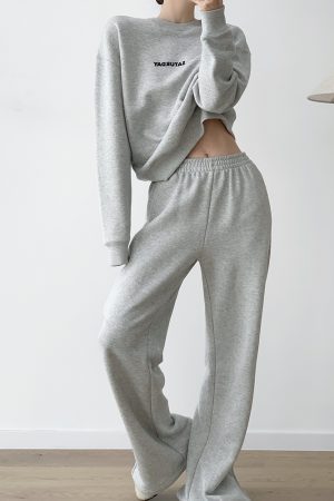 Women's 2025 Spring Two-Piece Casual Set - Letter Print Pullover Round Neck Sweatshirt & Long Pants - Y2K Style