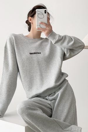 Women's 2025 Spring Two-Piece Casual Set - Letter Print Pullover Round Neck Sweatshirt & Long Pants - Y2K Style