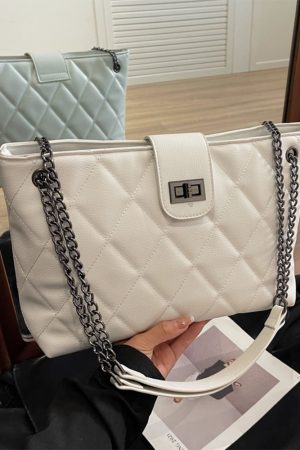 Women's 2025 Spring/Summer Korean Style Diamond Quilted Chain Tote Bag - Small Fragrant Design, Large Capacity Fashion Bag