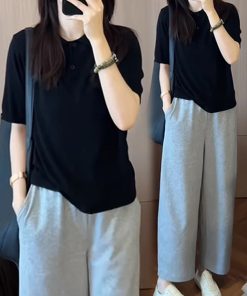 Women's 2025 Summer Korean Style Slim-Fit Lapel Top and Wide-Leg Pants Two-Piece Set - Trendy Age-Reducing Outfit