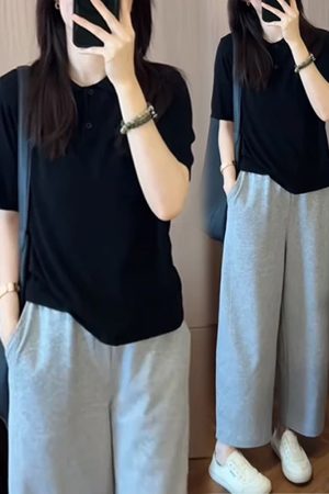 Women's 2025 Summer Korean Style Slim-Fit Lapel Top and Wide-Leg Pants Two-Piece Set - Trendy Age-Reducing Outfit