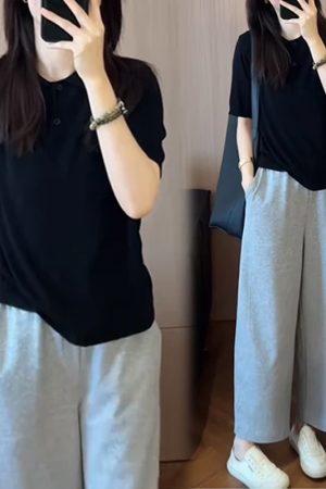 Women's 2025 Summer Korean Style Slim-Fit Lapel Top and Wide-Leg Pants Two-Piece Set - Trendy Age-Reducing Outfit