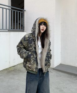 Women's 2025 Winter Camouflage Fur-Collared Jacket with Hood, Trendy Thick Cotton Coat, American Style Outerwear