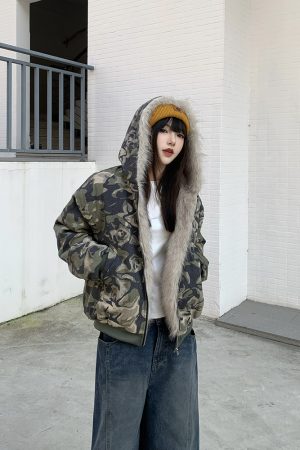 Women's 2025 Winter Camouflage Fur-Collared Jacket with Hood, Trendy Thick Cotton Coat, American Style Outerwear