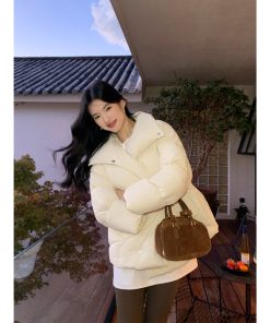 Women's 90% White Duck Down Jacket with Lapel - Warm Loose Winter Bread Coat, Versatile Outerwear, Chic and Cozy Style