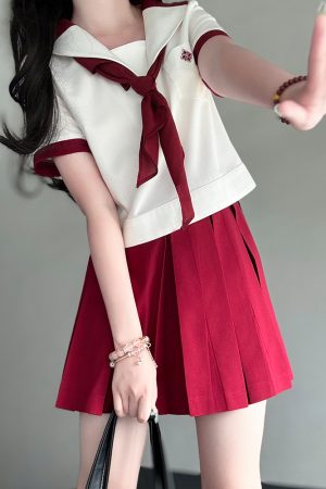 Women's Academy Style Embroidered Color Block Sailor Suit with Pudding Bear Design, JK Uniform, Straight Navy Collar - Y2K Fashion
