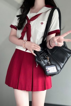 Women's Academy Style Embroidered Color Block Sailor Suit with Pudding Bear Design, JK Uniform, Straight Navy Collar - Y2K Fashion