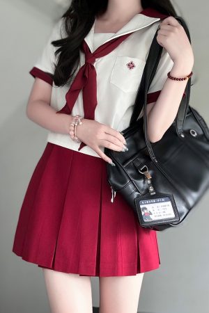 Women's Academy Style Embroidered Color Block Sailor Suit with Pudding Bear Design, JK Uniform, Straight Navy Collar - Y2K Fashion