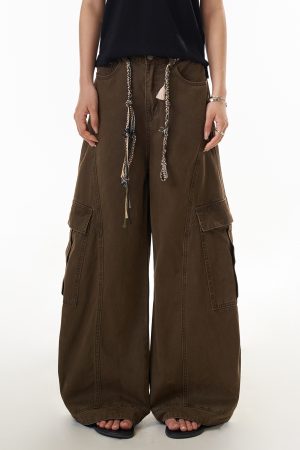 Women's American Retro Oversized Deconstructed Work Pants with Multi-Pockets, Draped Slim Straight Trousers