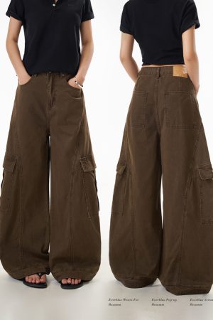 Women's American Retro Oversized Deconstructed Work Pants with Multi-Pockets, Draped Slim Straight Trousers