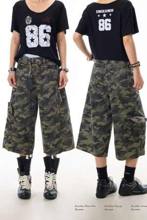 Women's American Style Camouflage Deconstructed Casual Seven-Point Pants with Multi-Pocket Design - Retro Work Shorts