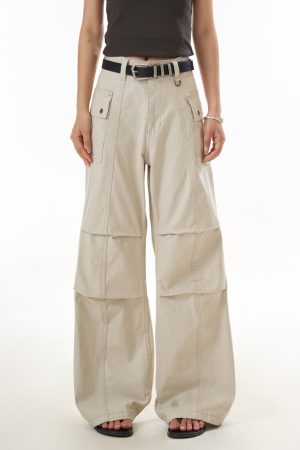 Women's American Style Pleated Wide-Leg Pants - Loose-Fitting Curved Straight-Leg Casual Trousers for Flattering Drape
