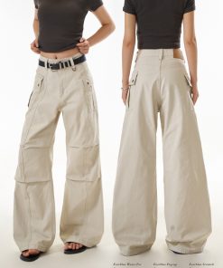 Women's American Style Pleated Wide-Leg Pants - Loose-Fitting Curved Straight-Leg Casual Trousers for Flattering Drape