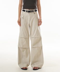 Women's American Style Trendy Pleated Wide Leg Work Pants - Slimming Curved Blade Design for Casual and Professional Looks