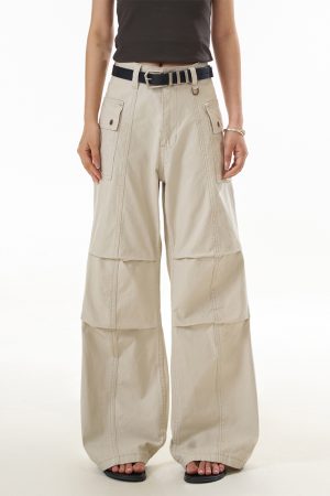 Women's American Style Trendy Pleated Wide Leg Work Pants - Slimming Curved Blade Design for Casual and Professional Looks