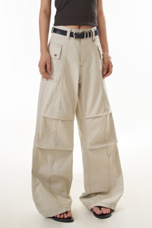 Women's American Style Trendy Pleated Wide Leg Work Pants - Slimming Curved Blade Design for Casual and Professional Looks