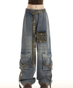 Women's American Vintage Leopard Print Wide-Leg Casual Pants with Multi-Pockets and Tie-Up Detail - Trendy High Street Fashion