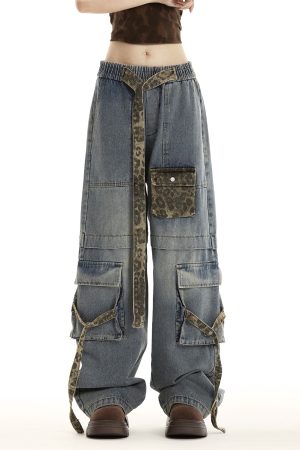 Women's American Vintage Leopard Print Wide-Leg Casual Pants with Multi-Pockets and Tie-Up Detail - Trendy High Street Fashion