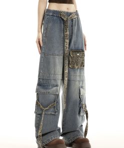 Women's American Vintage Leopard Print Wide-Leg Casual Pants with Multi-Pockets and Tie-Up Detail - Trendy High Street Fashion