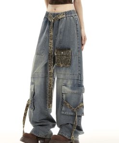 Women's American Vintage Leopard Print Wide-Leg Casual Pants with Multi-Pockets and Tie-Up Detail - Trendy High Street Fashion