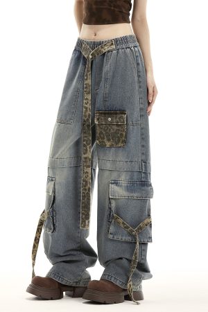 Women's American Vintage Leopard Print Wide-Leg Casual Pants with Multi-Pockets and Tie-Up Detail - Trendy High Street Fashion