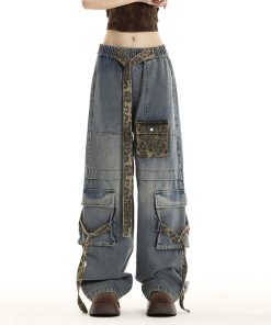 Women's American Vintage Leopard Print Wide-Leg Casual Pants with Multi-Pockets and Tie-Up Detail - Trendy High Street Fashion