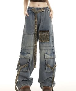 Women's American Vintage Leopard Print Wide-Leg Casual Pants with Multi-Pockets and Tie-Up Detail - Trendy High Street Fashion
