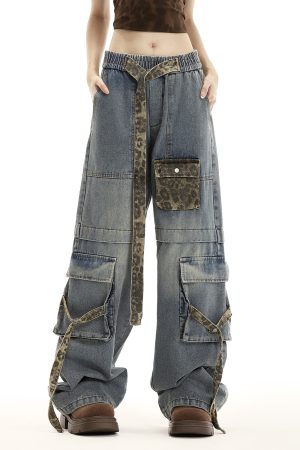 Women's American Vintage Leopard Print Wide-Leg Casual Pants with Multi-Pockets and Tie-Up Detail - Trendy High Street Fashion