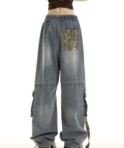 Women's American Vintage Leopard Print Wide-Leg Casual Pants with Multi-Pockets and Tie-Up Detail - Trendy High Street Fashion