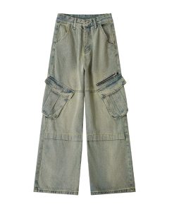 Women's American Vintage Wide Pocket Jeans - Trendy Hip-Hop Loose Fit Straight Leg Pants for Versatile 90s and Y2K Style