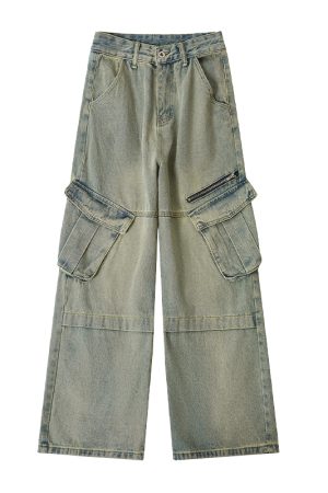Women's American Vintage Wide Pocket Jeans - Trendy Hip-Hop Loose Fit Straight Leg Pants for Versatile 90s and Y2K Style