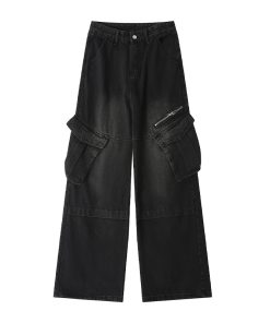 Women's American Vintage Wide Pocket Jeans - Trendy Hip-Hop Loose Fit Straight Leg Pants for Versatile 90s and Y2K Style