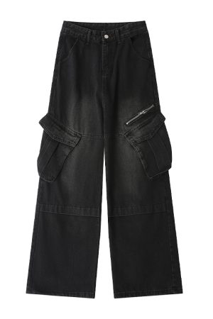 Women's American Vintage Wide Pocket Jeans - Trendy Hip-Hop Loose Fit Straight Leg Pants for Versatile 90s and Y2K Style