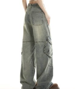 Women's American Vintage Wide Pocket Jeans - Trendy Hip-Hop Loose Fit Straight Leg Pants for Versatile 90s and Y2K Style