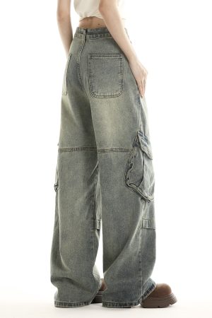 Women's American Vintage Wide Pocket Jeans - Trendy Hip-Hop Loose Fit Straight Leg Pants for Versatile 90s and Y2K Style