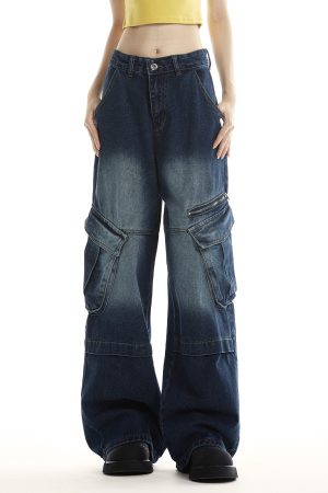 Women's American Vintage Wide Pocket Jeans - Trendy Hip-Hop Loose Fit Straight Leg Pants for Versatile 90s and Y2K Style
