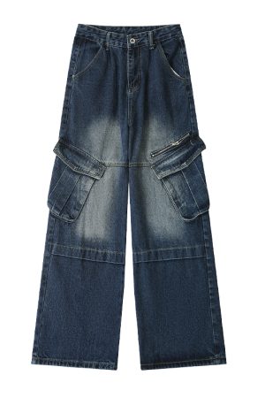 Women's American Vintage Wide Pocket Jeans - Trendy Hip-Hop Loose Fit Straight Leg Pants for Versatile 90s and Y2K Style