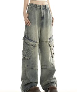 Women's American Vintage Wide Pocket Jeans - Trendy Hip-Hop Loose Fit Straight Leg Pants for Versatile 90s and Y2K Style