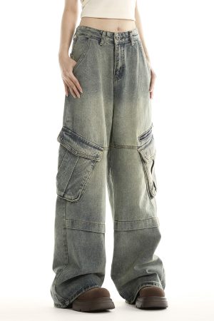 Women's American Vintage Wide Pocket Jeans - Trendy Hip-Hop Loose Fit Straight Leg Pants for Versatile 90s and Y2K Style