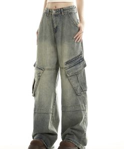 Women's American Vintage Wide Pocket Jeans - Trendy Hip-Hop Loose Fit Straight Leg Pants for Versatile 90s and Y2K Style