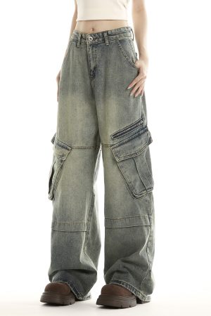 Women's American Vintage Wide Pocket Jeans - Trendy Hip-Hop Loose Fit Straight Leg Pants for Versatile 90s and Y2K Style