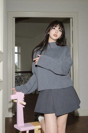 Women's Autumn Winter Wool Blend Half Turtleneck Loose Knit Sweater and Skirt Two-Piece Set - Cozy Chic Layering