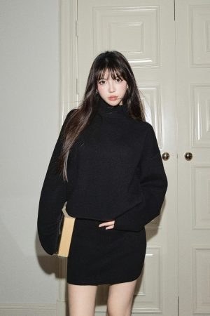 Women's Autumn Winter Wool Blend Half Turtleneck Loose Knit Sweater and Skirt Two-Piece Set - Cozy Chic Layering