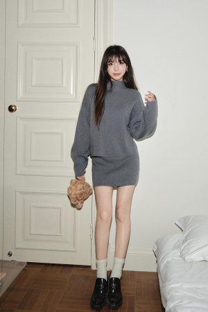 Women's Autumn Winter Wool Blend Half Turtleneck Loose Knit Sweater and Skirt Two-Piece Set - Cozy Chic Layering