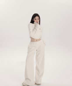 Women's Bear Plush High Neck Coat and Low Waist Wide Leg Pants Two-Piece Set - Cozy Fashion for Y2K and Street Style