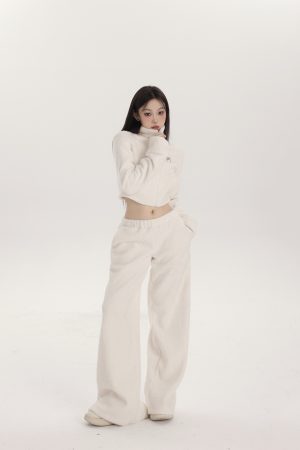 Women's Bear Plush High Neck Coat and Low Waist Wide Leg Pants Two-Piece Set - Cozy Fashion for Y2K and Street Style