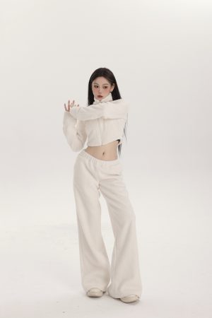Women's Bear Plush High Neck Coat and Low Waist Wide Leg Pants Two-Piece Set - Cozy Fashion for Y2K and Street Style